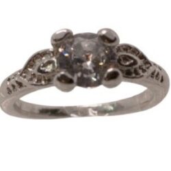 Elegante Zilverkleurige Ring met Briljant Geslepen Kristal en Bladmotief