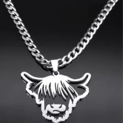 Stoere rvs ketting met grote hooglander koe hoofd