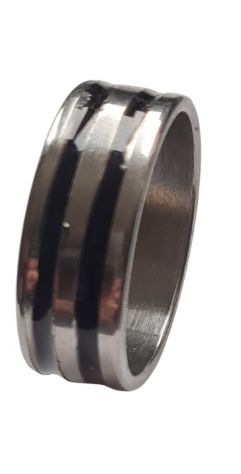 RVS Zilveren Ring Hoogglans met 2 Zwarte Groeven